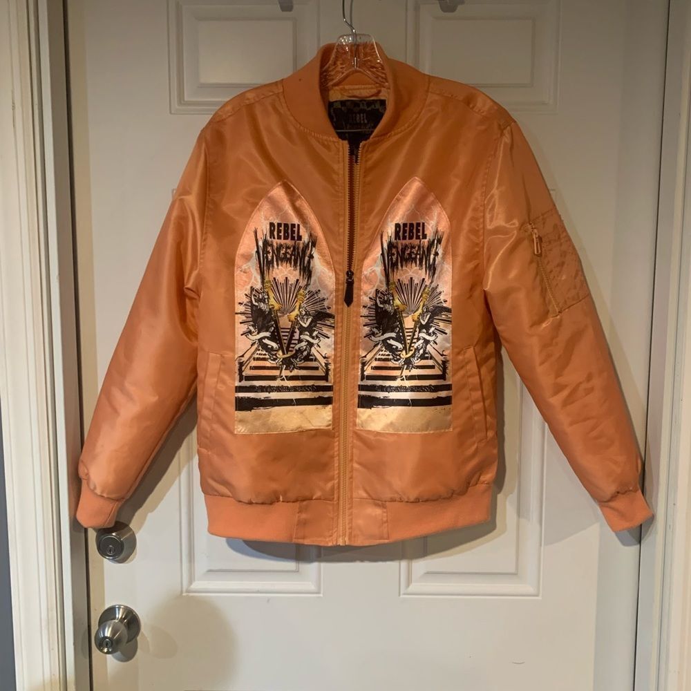Rebel Vengeance Orange Bomber Jacket with Graphic Design